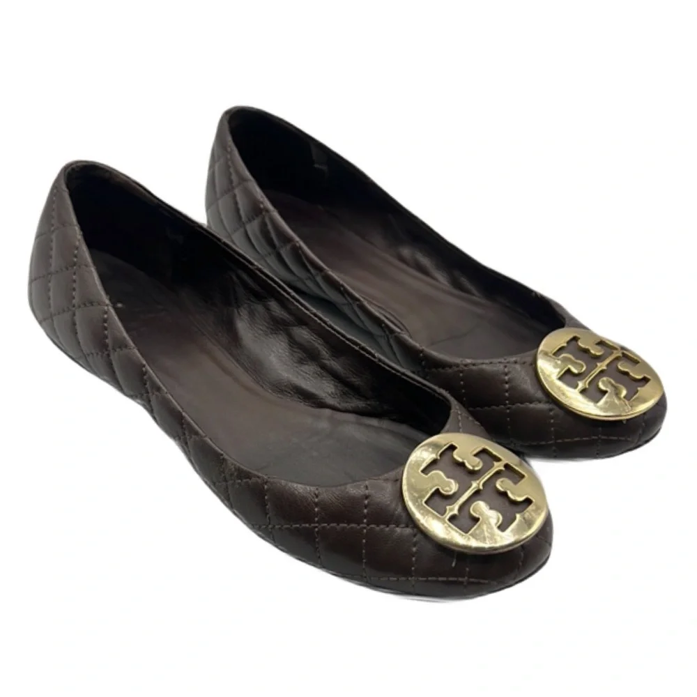 Tory Burch Sz 7 Benton Quilted Brown Gold Flats Minnie Ballerina Elegant Design
